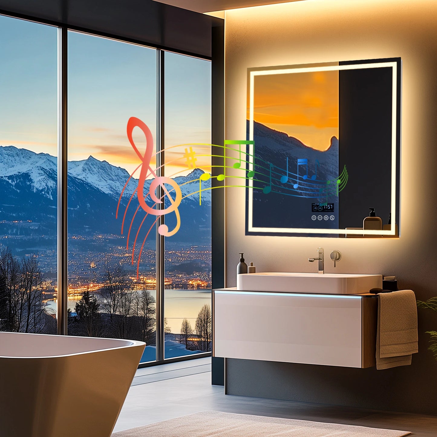 LED Lighted Bathroom Mirror with Bluetooth Speaker Smart LED Vanity Makeup Wall Mounted Mirrors 3 Lights Setting Anti-Fog RBG