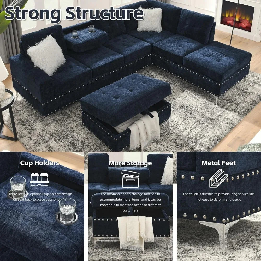 Sectional 5-Seater Sofa,107.5 Inch,with Reversible Chaise,with Ottoman,for Apartment, Living Room, L Shaped Couch
