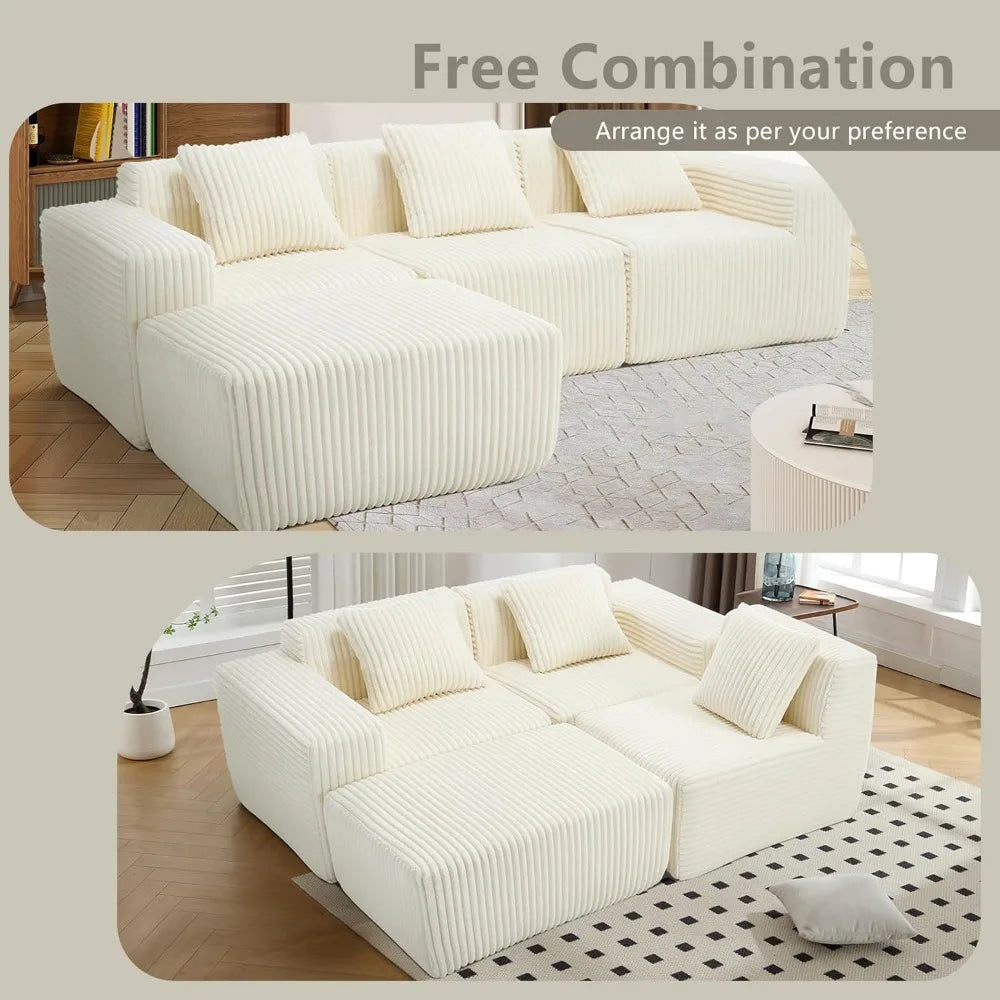 L-Shaped Free Combination Sofa,Couch Corduroy Sectional Sofa 4Seater Corner Couch Deep Seat Floor Sofá for Living Room Apartment