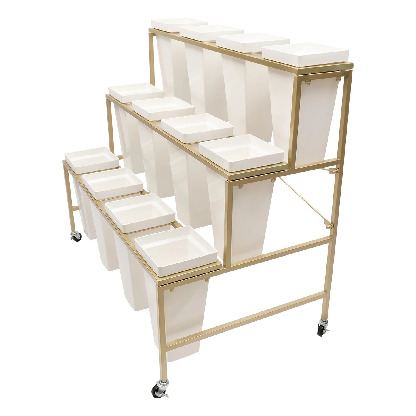 3 Layers White Flower Display Stand with 12 Buckets & Wheel