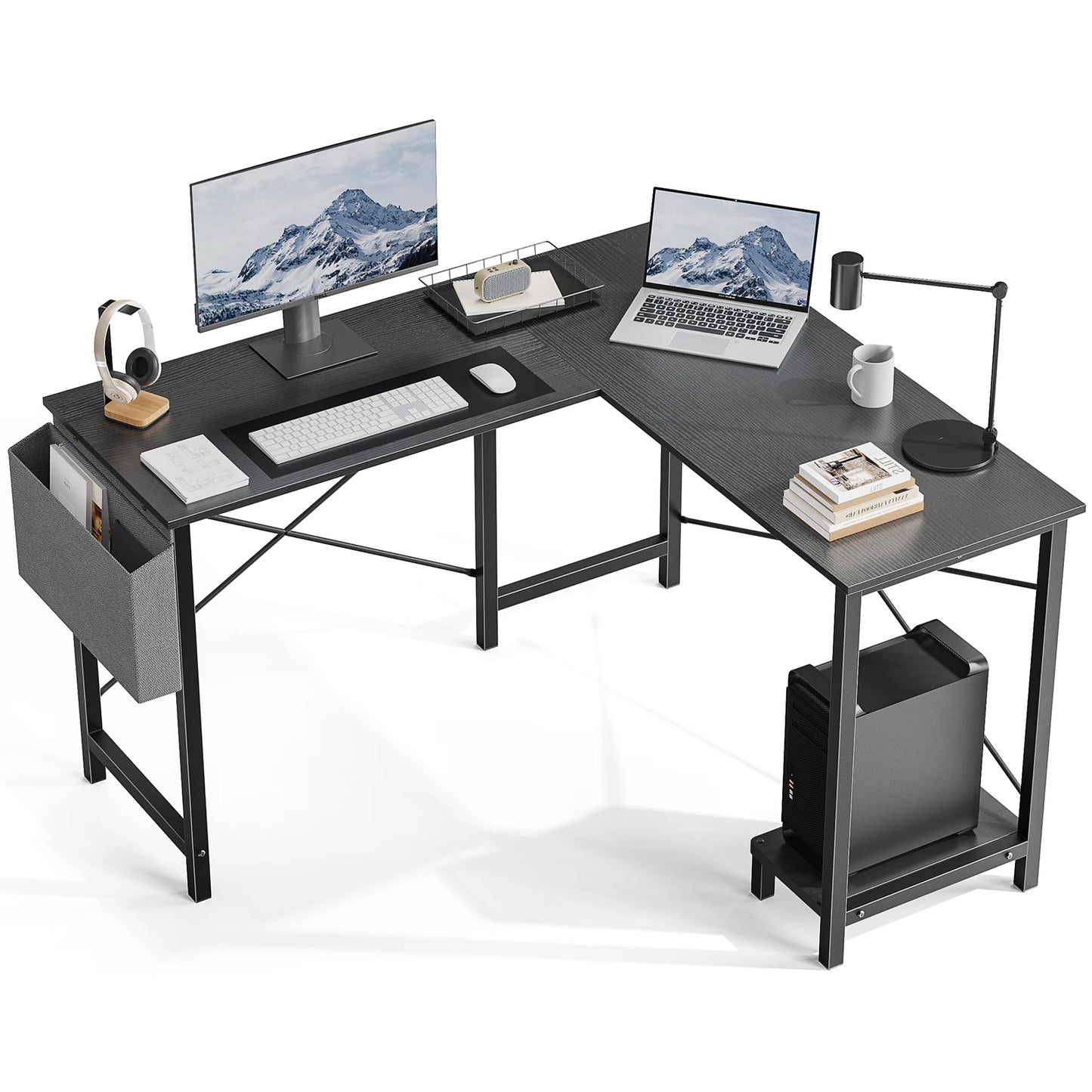 50" Corner Office Wooden Table with CPU Storage Shelf & Side Bag