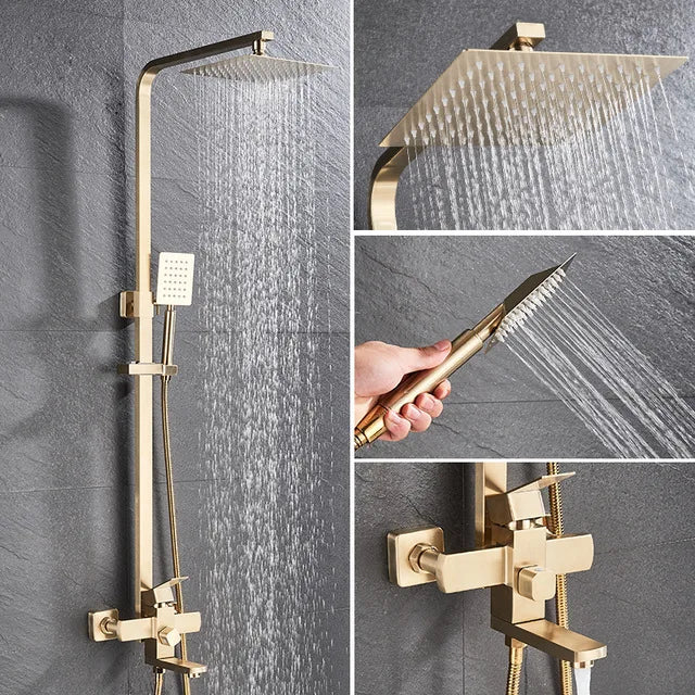 Matte Black Bathroom Shower Faucet Wall Mounted 8" Shower Set Square Rainfall Hot Cold Water Bath Spout