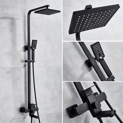 Matte Black Bathroom Shower Faucet Wall Mounted 8" Shower Set Square Rainfall Hot Cold Water Bath Spout