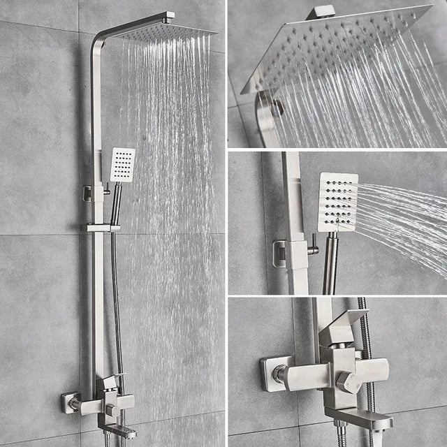 Matte Black Bathroom Shower Faucet Wall Mounted 8" Shower Set Square Rainfall Hot Cold Water Bath Spout