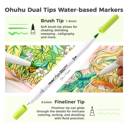 Ohuhu Markers Paper-friendly Water-based Coloring Markers Dual Brush Fineliner Tips Markers Coloring Books Art Markers Beginner