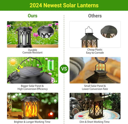 2/4 Pack Upgraded Flickering Flame Solar Lanterns Lights Outdoor, Solar Powered Lanterns for Yard Garden Decor, Black