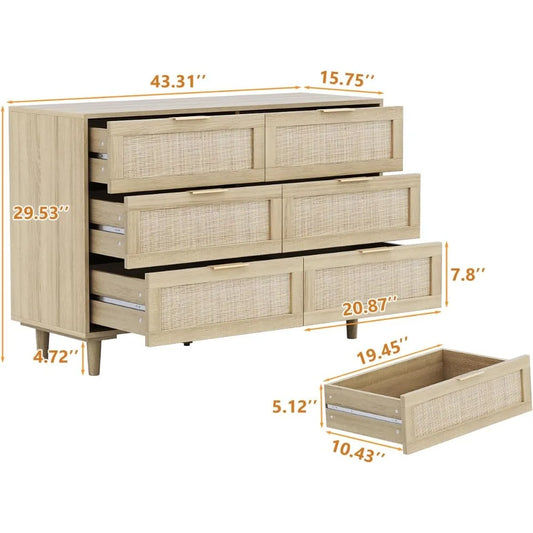 Boho & Farmhouse 6 Drawer Wide Rattan Dresser, 43" Clothes Storage Cabinet, Metal Handle