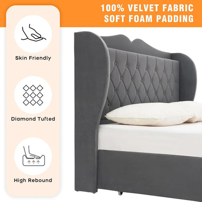 Velvet Upholstered Bed Frame, with 4 Drawers and Charging Station