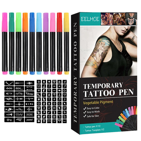 Temporary Tattoo Pen with Tattoo Stencils Body Mark 10-Count Pack of Assorted Colors