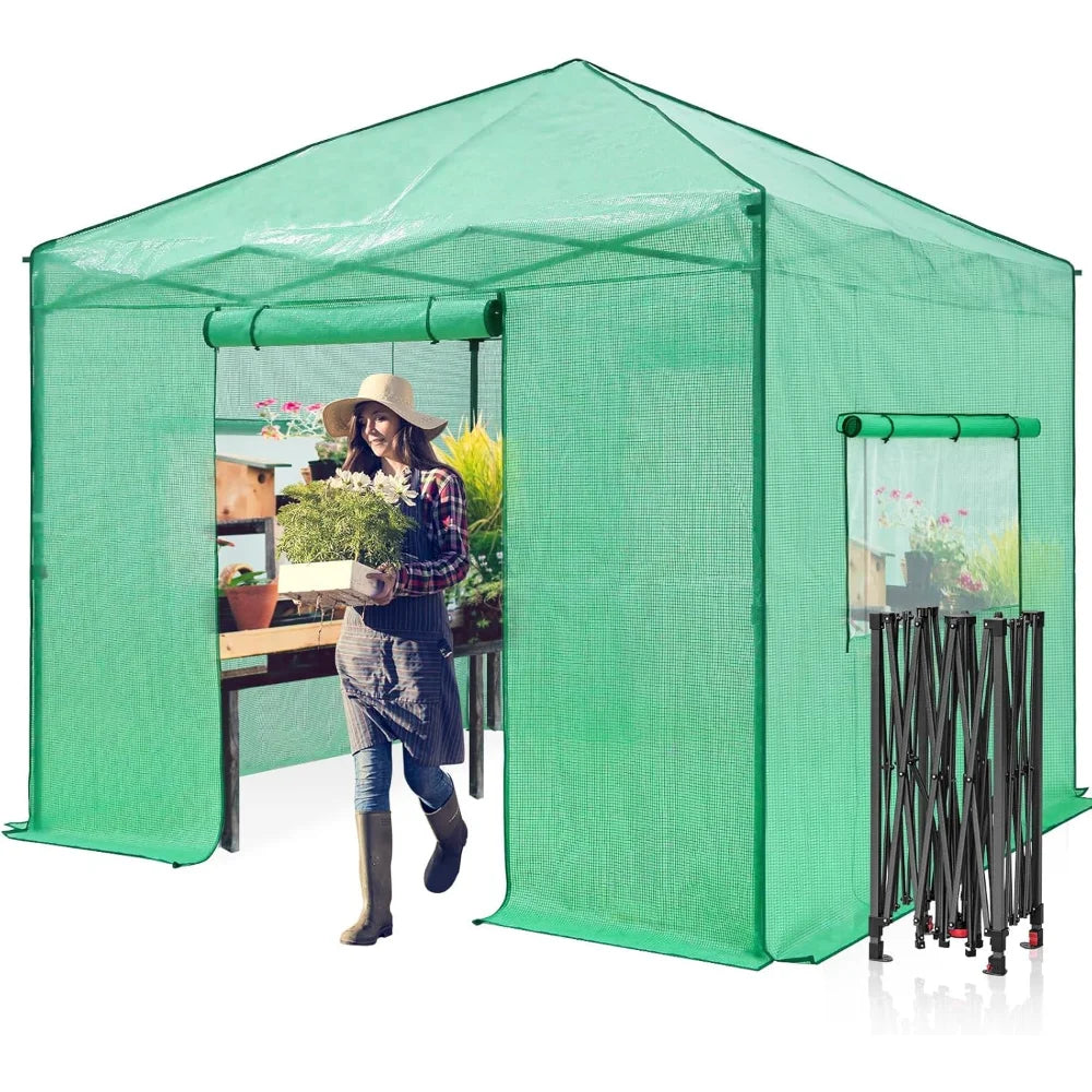 10x10 Portable Walk-In Greenhouse, Pop-Up Indoor and Outdoor Garden Greenhouse, Zipper Doors and Windows, PE Cover, Green