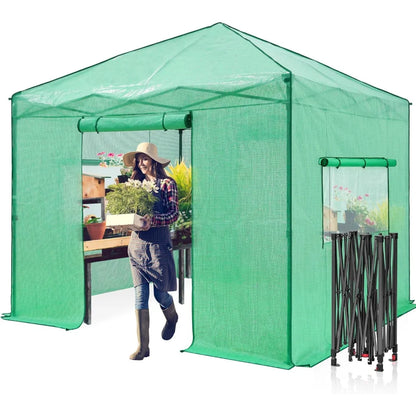 10x10 Portable Walk-In Greenhouse, Pop-Up Indoor and Outdoor Garden Greenhouse, Zipper Doors and Windows, PE Cover, Green