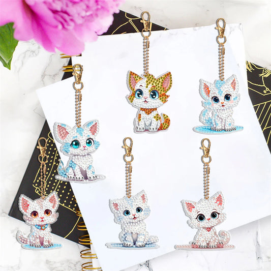 6PCS Diamond Art Cute Kitten Keychain Pendant Mandala
