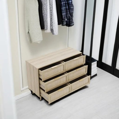 Boho & Farmhouse 6 Drawer Wide Rattan Dresser, 43" Clothes Storage Cabinet, Metal Handle