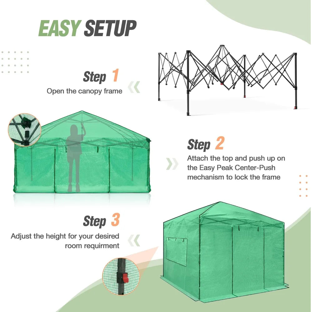 10x10 Portable Walk-In Greenhouse, Pop-Up Indoor and Outdoor Garden Greenhouse, Zipper Doors and Windows, PE Cover, Green