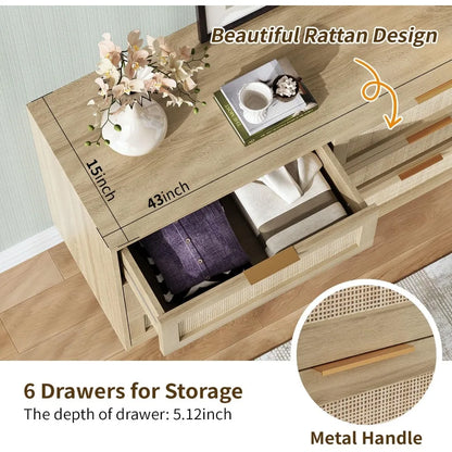 Boho & Farmhouse 6 Drawer Wide Rattan Dresser, 43" Clothes Storage Cabinet, Metal Handle
