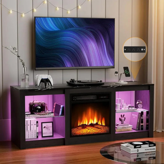 Up to 65"TV Stand with 18" Fireplace Inserts-Led Entertainment Center with Glass