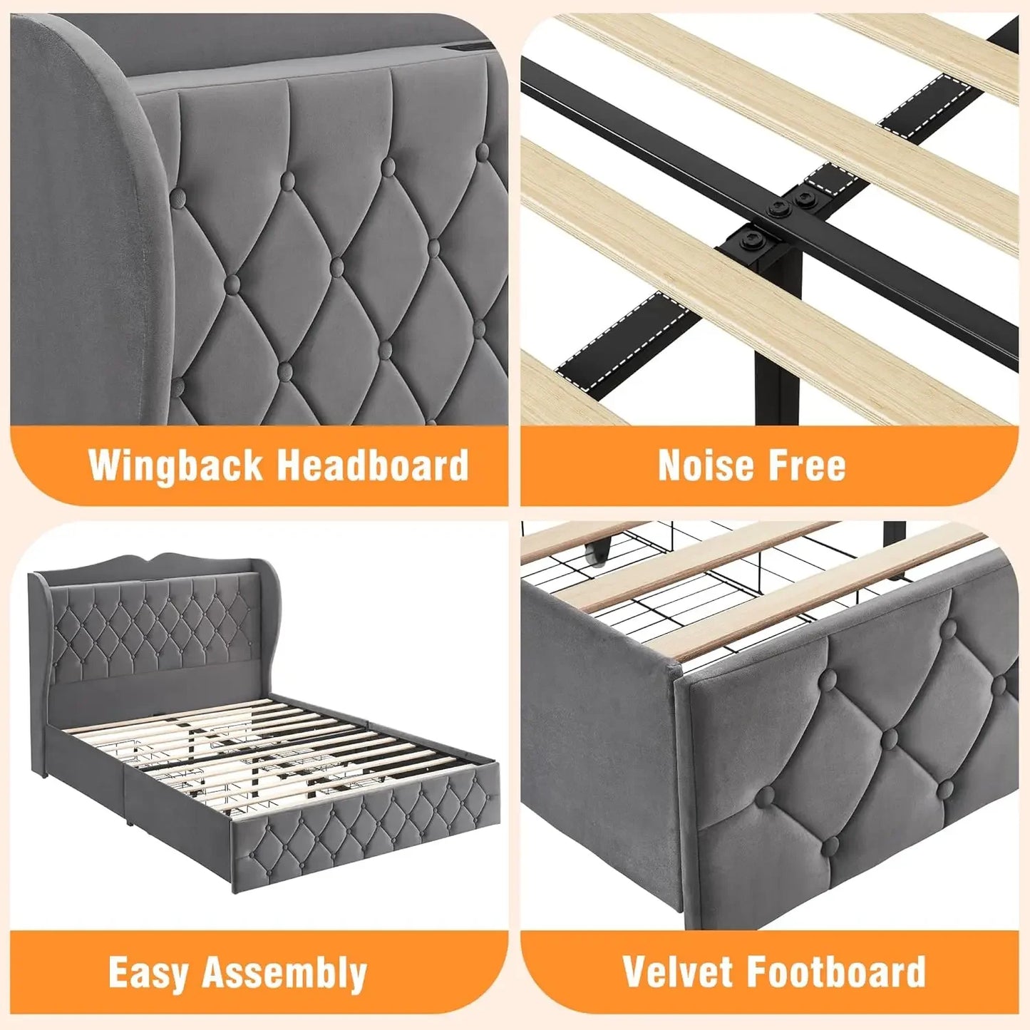 Velvet Upholstered Bed Frame, with 4 Drawers and Charging Station