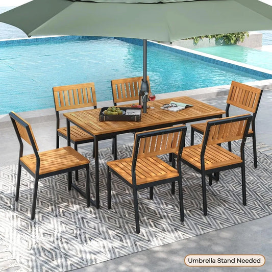 7 Piece OutdoorMetal Frame, Dining Set, W/ Umbrella Hole