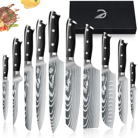 6/10pcs Black handle Kitchen Knives Gift Box Set Sharp Stainless Steel Chef knife Sankotu Cleaver Boning Paring knife