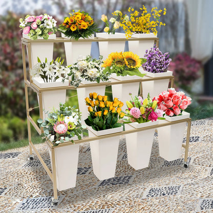 3 Layers White Flower Display Stand with 12 Buckets & Wheel