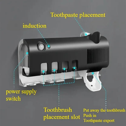 Wall mounted toothpaste dispenser with 4 toothbrush slots, toothbrush cleaning rack, bathroom accessories, no drilling required