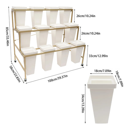 3 Layers White Flower Display Stand with 12 Buckets & Wheel