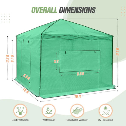 10x10 Portable Walk-In Greenhouse, Pop-Up Indoor and Outdoor Garden Greenhouse, Zipper Doors and Windows, PE Cover, Green