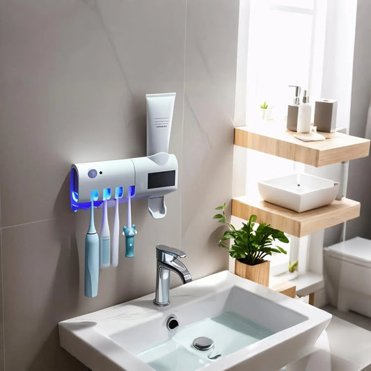 Wall mounted toothpaste dispenser with 4 toothbrush slots, toothbrush cleaning rack, bathroom accessories, no drilling required