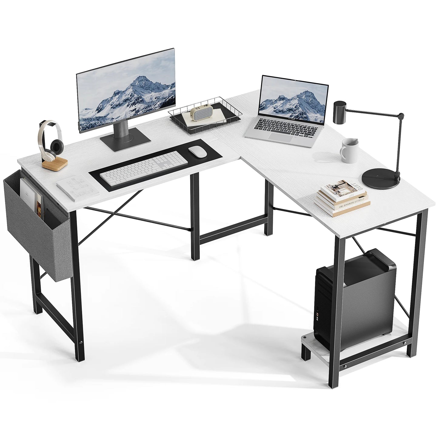 50" Corner Office Wooden Table with CPU Storage Shelf & Side Bag