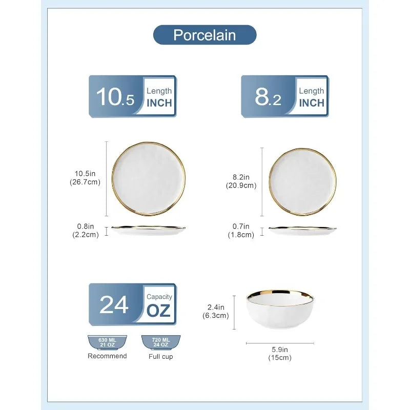 12 Pieces Porcelain White and Gold Dinnerware Set
