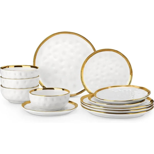12 Pieces Porcelain White and Gold Dinnerware Set
