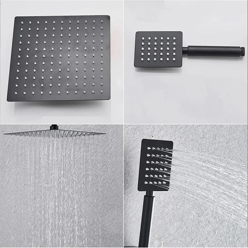 Matte Black Bathroom Shower Faucet Wall Mounted 8" Shower Set Square Rainfall Hot Cold Water Bath Spout