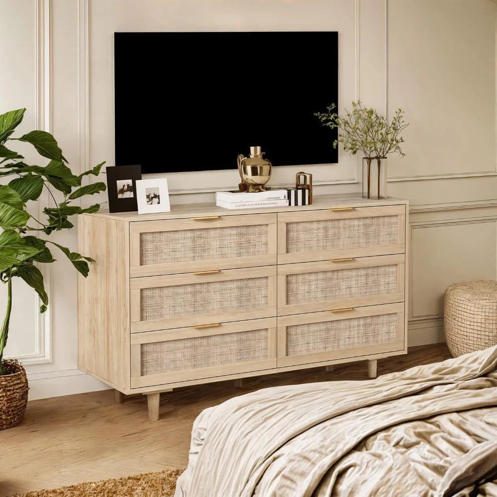 Boho & Farmhouse 6 Drawer Wide Rattan Dresser, 43" Clothes Storage Cabinet, Metal Handle