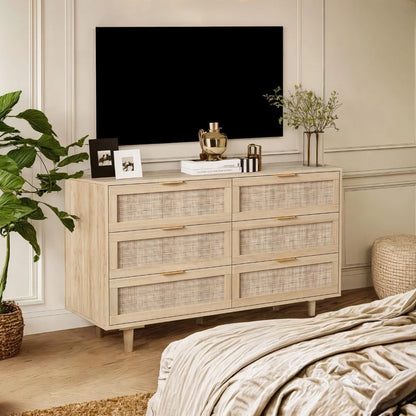 Boho & Farmhouse 6 Drawer Wide Rattan Dresser, 43" Clothes Storage Cabinet, Metal Handle