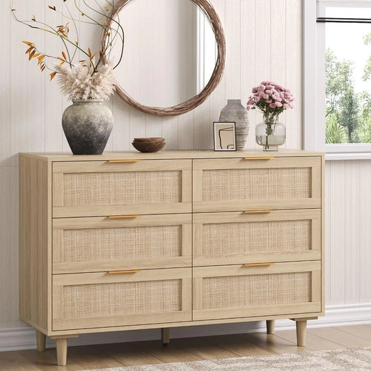Boho & Farmhouse 6 Drawer Wide Rattan Dresser, 43" Clothes Storage Cabinet, Metal Handle