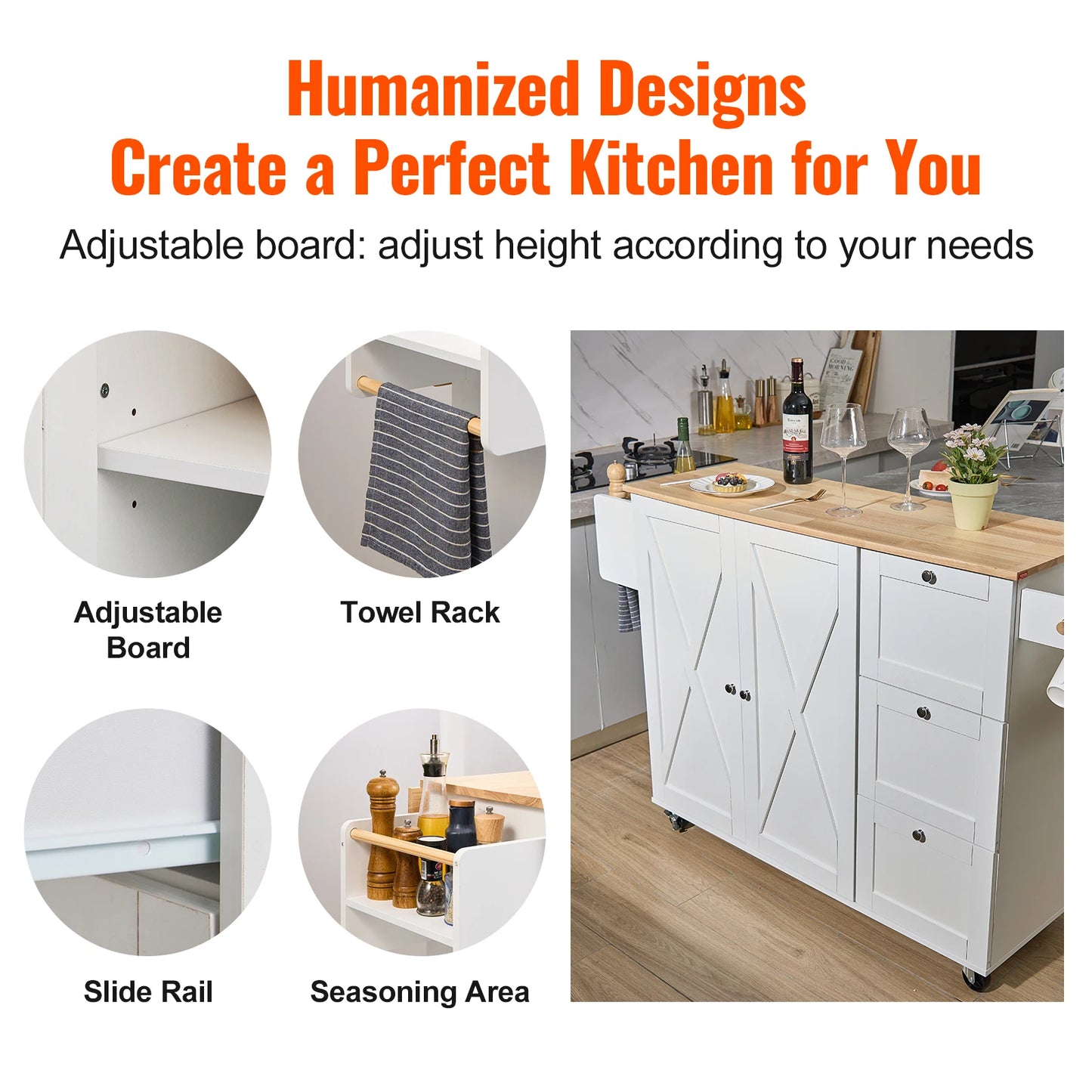 VEVOR 2-Door 1/2 3-Drawer Mobile Kitchen Island