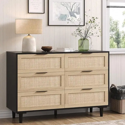 Boho & Farmhouse 6 Drawer Wide Rattan Dresser, 43" Clothes Storage Cabinet, Metal Handle