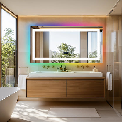 LED Lighted Bathroom Mirror with Bluetooth Speaker Smart LED Vanity Makeup Wall Mounted Mirrors 3 Lights Setting Anti-Fog RBG