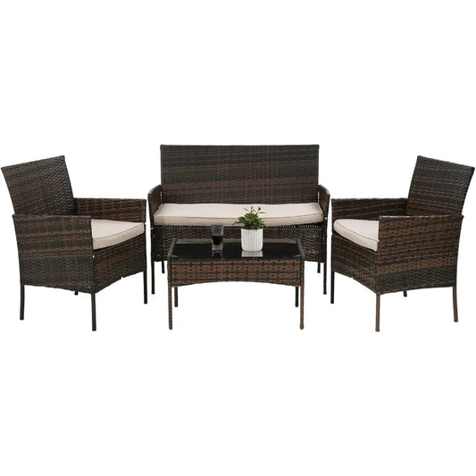 4 Pieces Wicker Sofa Patio Set with Soft Cushion and Glass Table