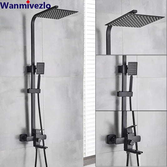 Matte Black Bathroom Shower Faucet Wall Mounted 8" Shower Set Square Rainfall Hot Cold Water Bath Spout