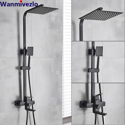 Matte Black Bathroom Shower Faucet Wall Mounted 8" Shower Set Square Rainfall Hot Cold Water Bath Spout