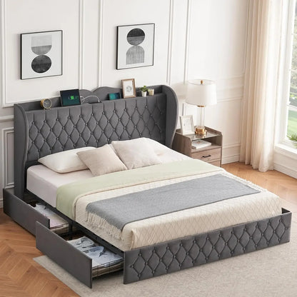 Velvet Upholstered Bed Frame, with 4 Drawers and Charging Station