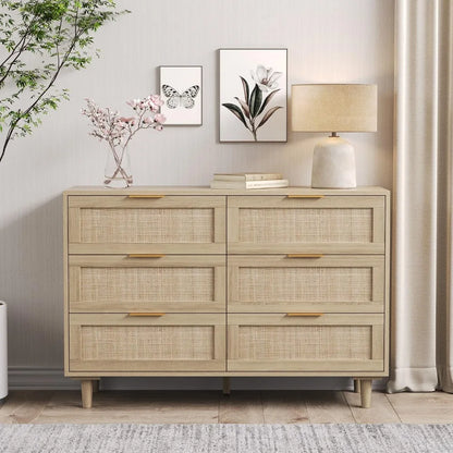 Boho & Farmhouse 6 Drawer Wide Rattan Dresser, 43" Clothes Storage Cabinet, Metal Handle