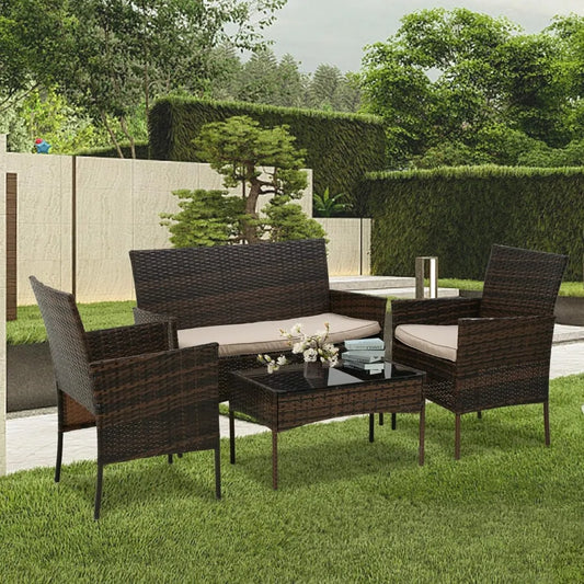 4 Pieces Wicker Sofa Patio Set with Soft Cushion and Glass Table