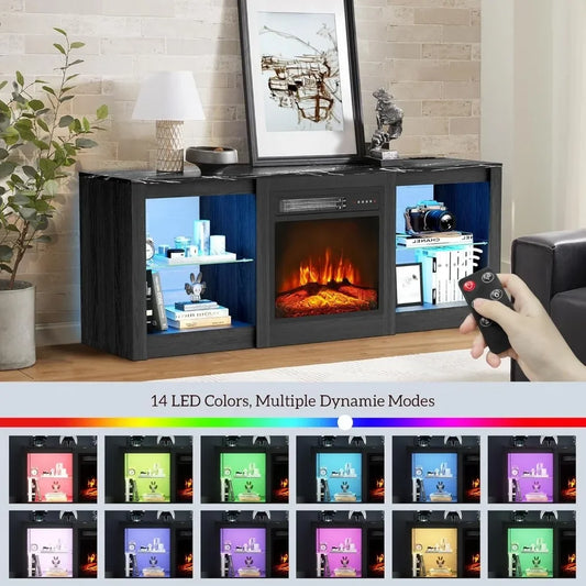 Up to 65"TV Stand with 18" Fireplace Inserts-Led Entertainment Center with Glass