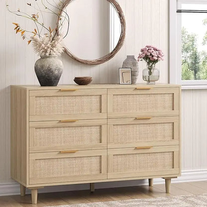 Boho & Farmhouse 6 Drawer Wide Rattan Dresser, 43" Clothes Storage Cabinet, Metal Handle