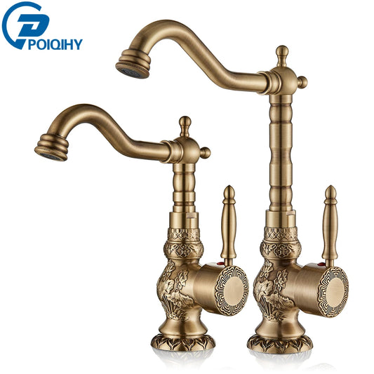 POIQIHY Basin Faucets Antique Brass Faucet Basin Carving Tap Rotation Single Handle Tap  Mixer Taps Bathroom Vessel Sink Faucet