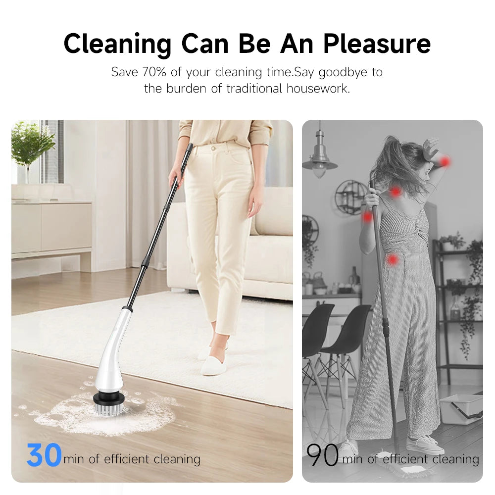 Electric scrubber with 8 Replaceable Brush Heads & Detachable Extension Handle