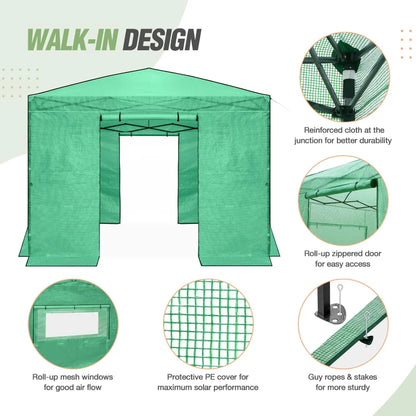 10x10 Portable Walk-In Greenhouse, Pop-Up Indoor and Outdoor Garden Greenhouse, Zipper Doors and Windows, PE Cover, Green