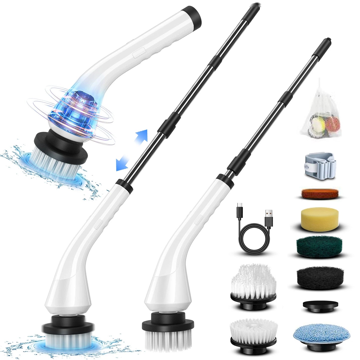 Electric scrubber with 8 Replaceable Brush Heads & Detachable Extension Handle
